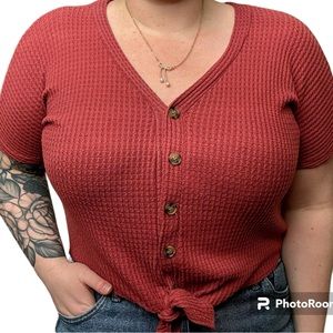 Maroon cropped tie waist shirt